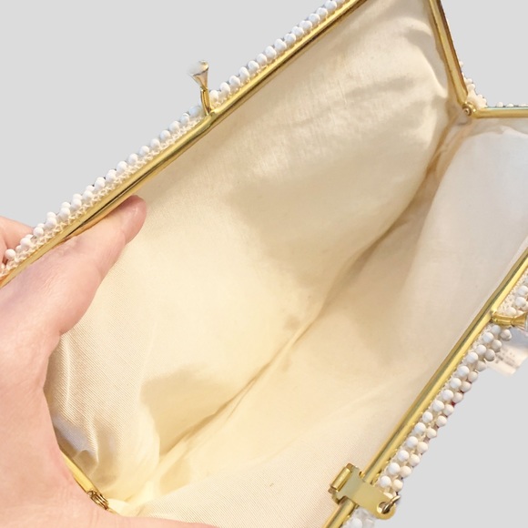 Corde Bead Purse Evening Bag Beaded Ivory Off White Gold Clasp Hand Strap OS - Picture 6 of 7